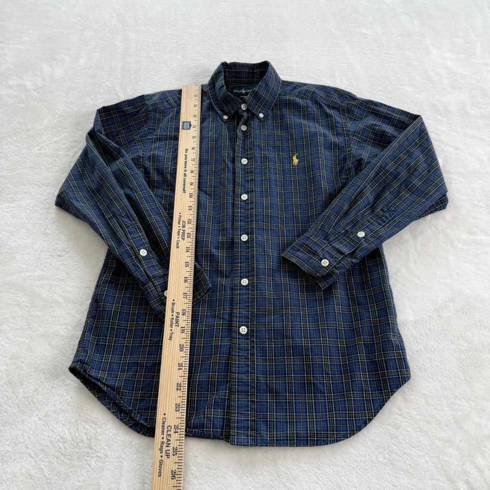 Ralph Lauren Button Down Shirt Kids M 10-12 Blue Plaid Long Sleeve Pony Logo